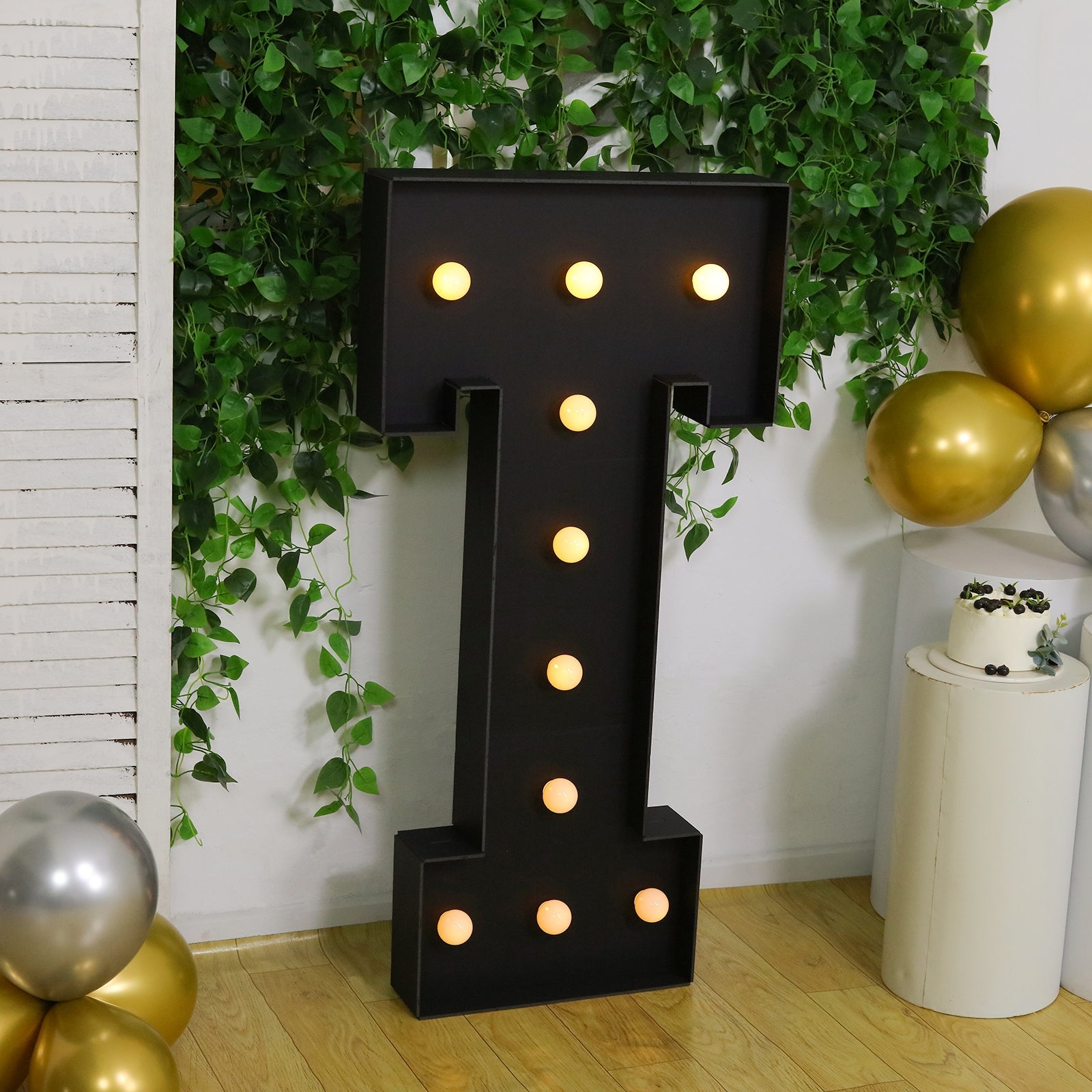 Giant LED Marquee Light Up Letter "T", Black 4ft Pre - Cut Foam Board with 10 Warm White Battery Operated LEDs, Glue Gun and Sticks - Bell Racket Store