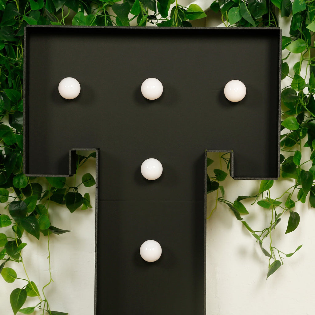 Giant LED Marquee Light Up Letter "T", Black 4ft Pre - Cut Foam Board with 10 Warm White Battery Operated LEDs, Glue Gun and Sticks - Bell Racket Store