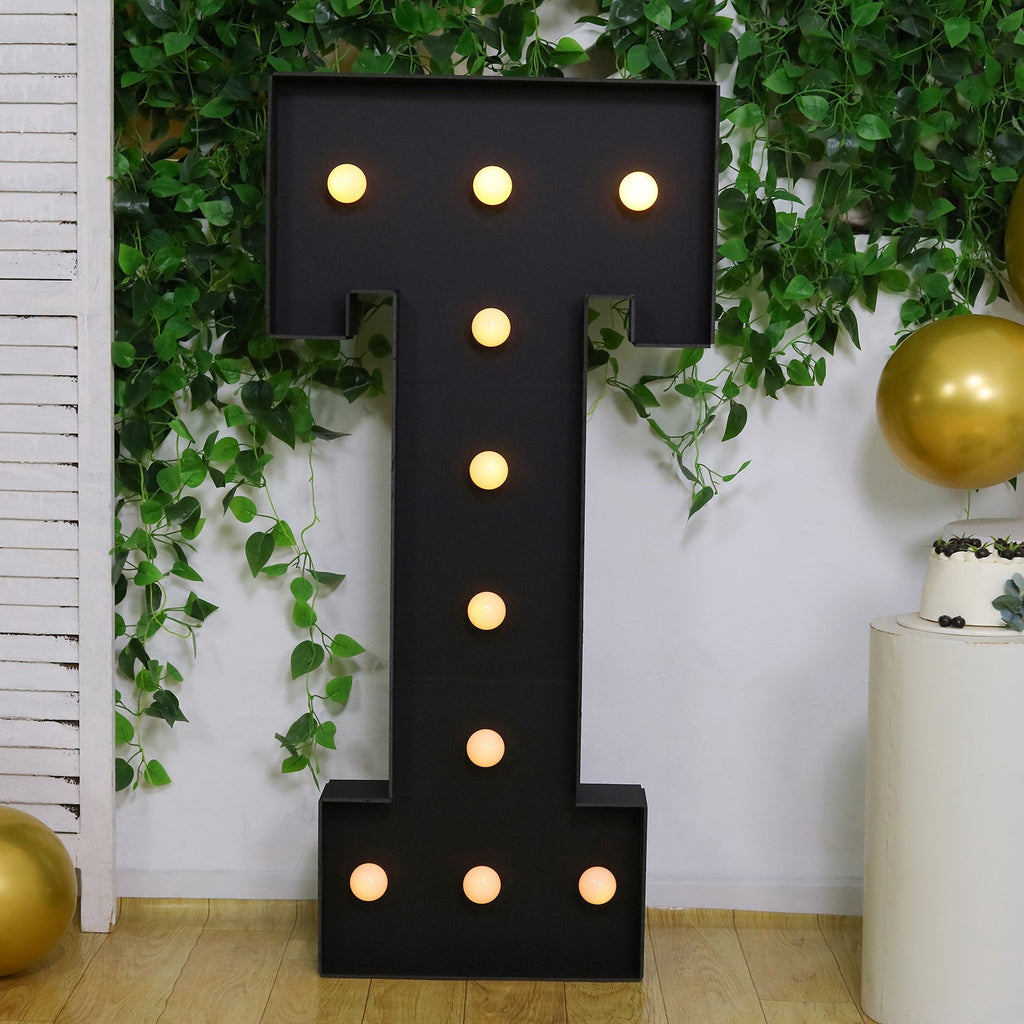 Giant LED Marquee Light Up Letter "T", Black 4ft Pre - Cut Foam Board with 10 Warm White Battery Operated LEDs, Glue Gun and Sticks - Bell Racket Store