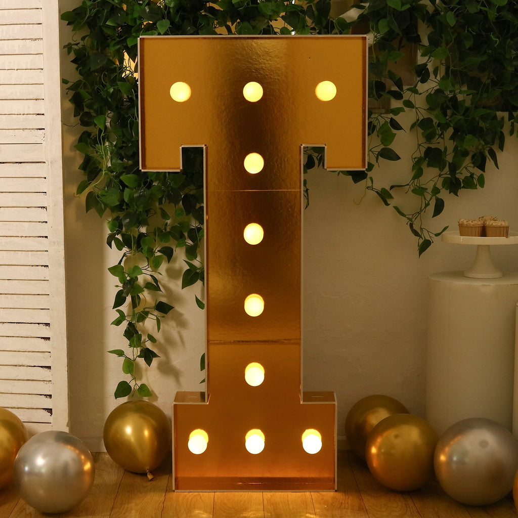 Giant LED Marquee Light Up Letter "T", Gold 4ft Pre - Cut Foam Board with 10 Warm White Battery Operated LEDs, Glue Gun and Sticks - Bell Racket Store