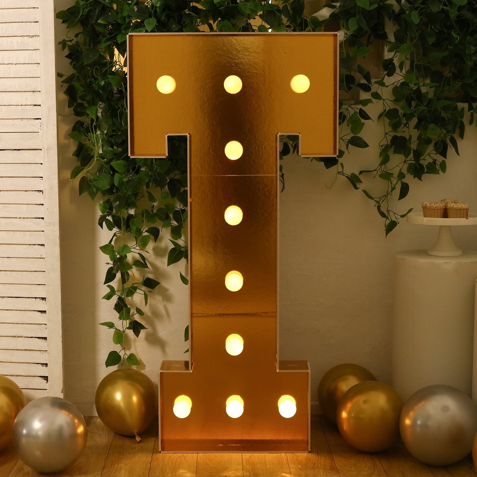 Giant LED Marquee Light Up Letter "T", Gold 4ft Pre - Cut Foam Board with 10 Warm White Battery Operated LEDs, Glue Gun and Sticks - Bell Racket Store