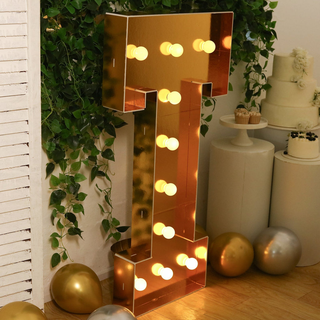 Giant LED Marquee Light Up Letter "T", Gold 4ft Pre - Cut Foam Board with 10 Warm White Battery Operated LEDs, Glue Gun and Sticks - Bell Racket Store