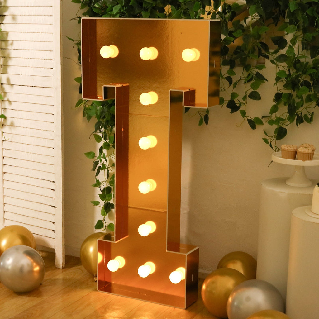 Giant LED Marquee Light Up Letter "T", Gold 4ft Pre - Cut Foam Board with 10 Warm White Battery Operated LEDs, Glue Gun and Sticks - Bell Racket Store