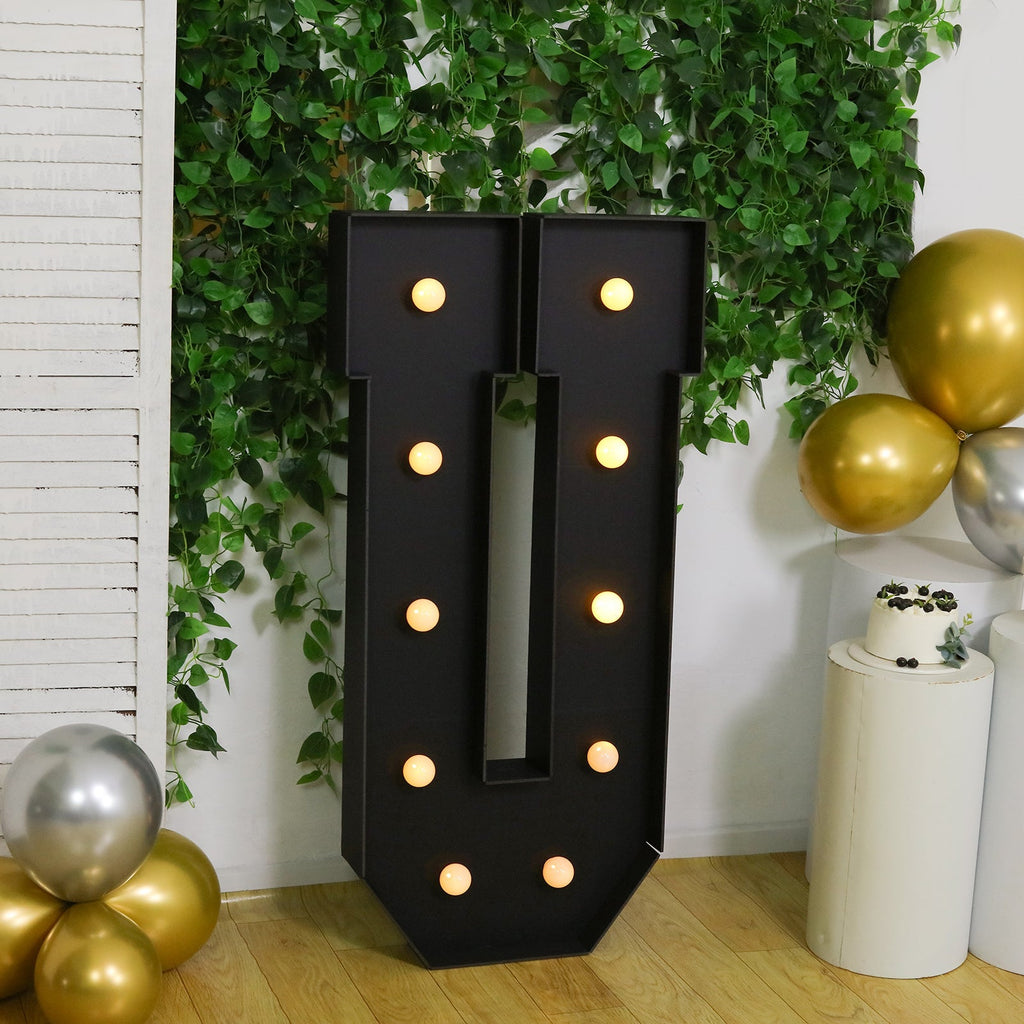 Giant LED Marquee Light Up Letter "U", Black 4ft Pre - Cut Foam Board with 10 Warm White Battery Operated LEDs, Glue Gun and Sticks - Bell Racket Store