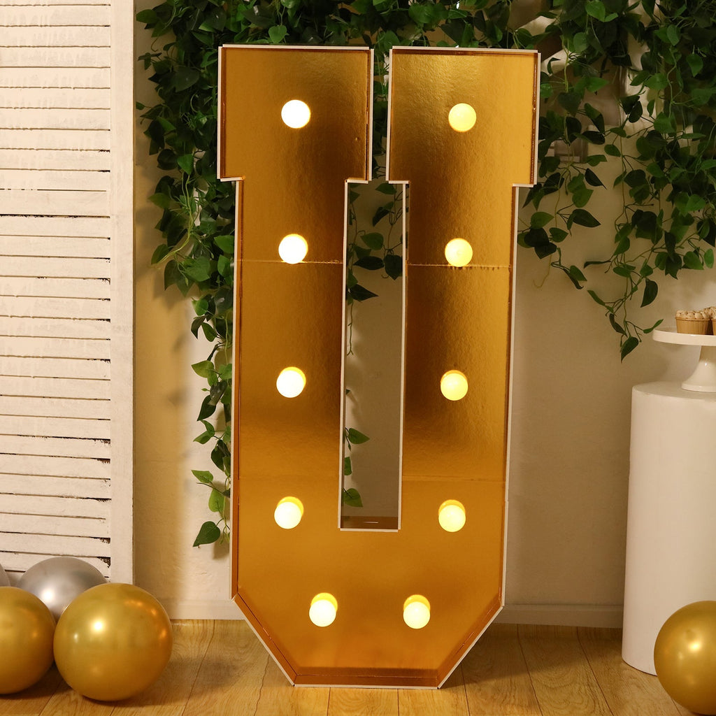 Giant LED Marquee Light Up Letter "U", Gold 4ft Pre - Cut Foam Board with 10 Warm White Battery Operated LEDs, Glue Gun and Sticks - Bell Racket Store