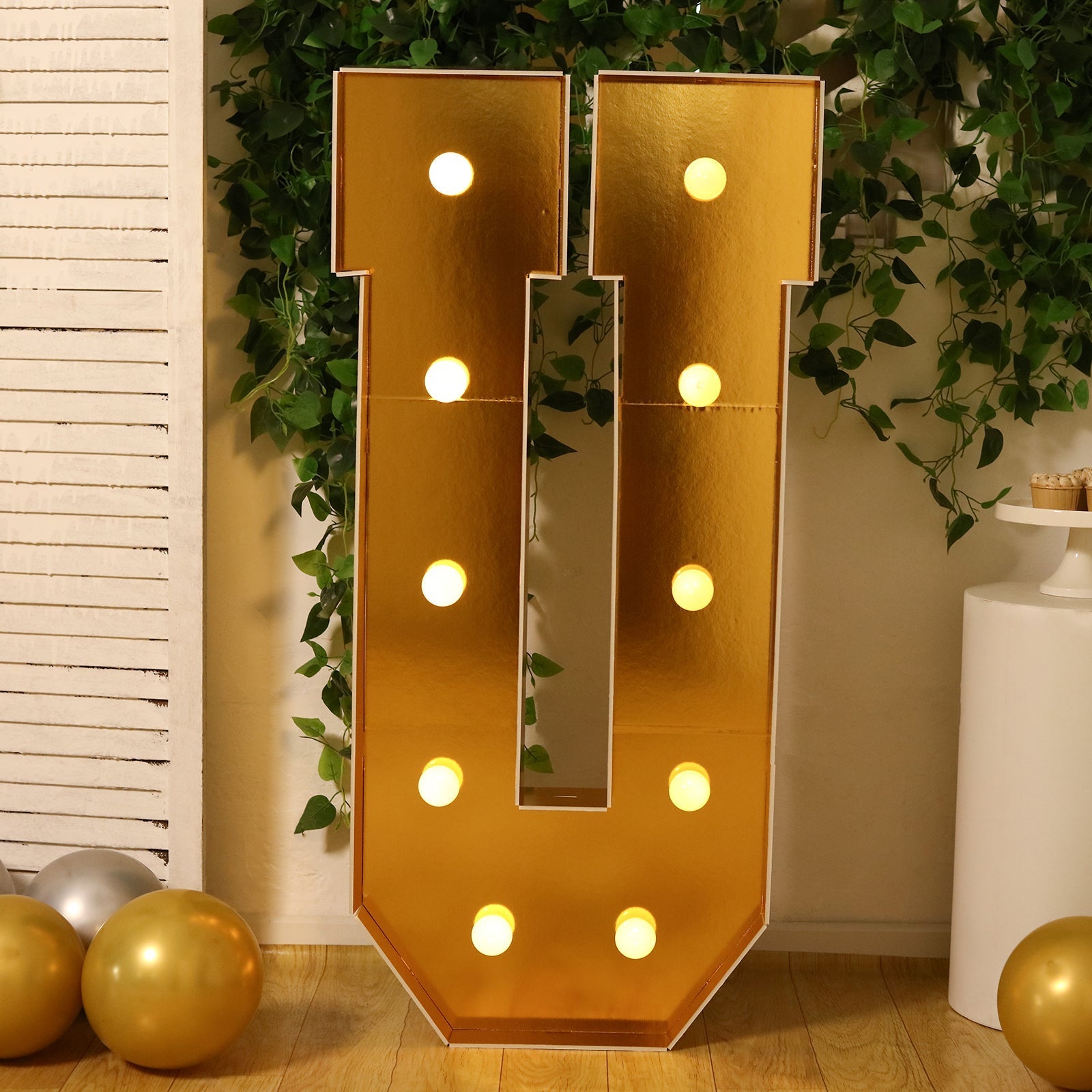 Giant LED Marquee Light Up Letter "U", Gold 4ft Pre - Cut Foam Board with 10 Warm White Battery Operated LEDs, Glue Gun and Sticks - Bell Racket Store