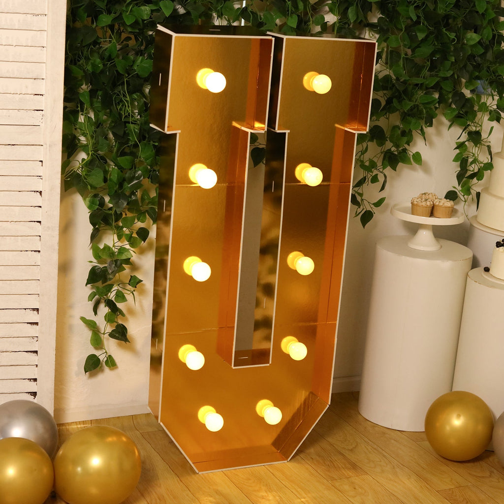 Giant LED Marquee Light Up Letter "U", Gold 4ft Pre - Cut Foam Board with 10 Warm White Battery Operated LEDs, Glue Gun and Sticks - Bell Racket Store