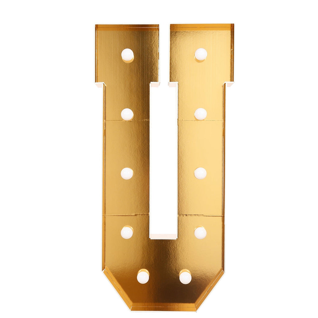 Giant LED Marquee Light Up Letter "U", Gold 4ft Pre - Cut Foam Board with 10 Warm White Battery Operated LEDs, Glue Gun and Sticks - Bell Racket Store
