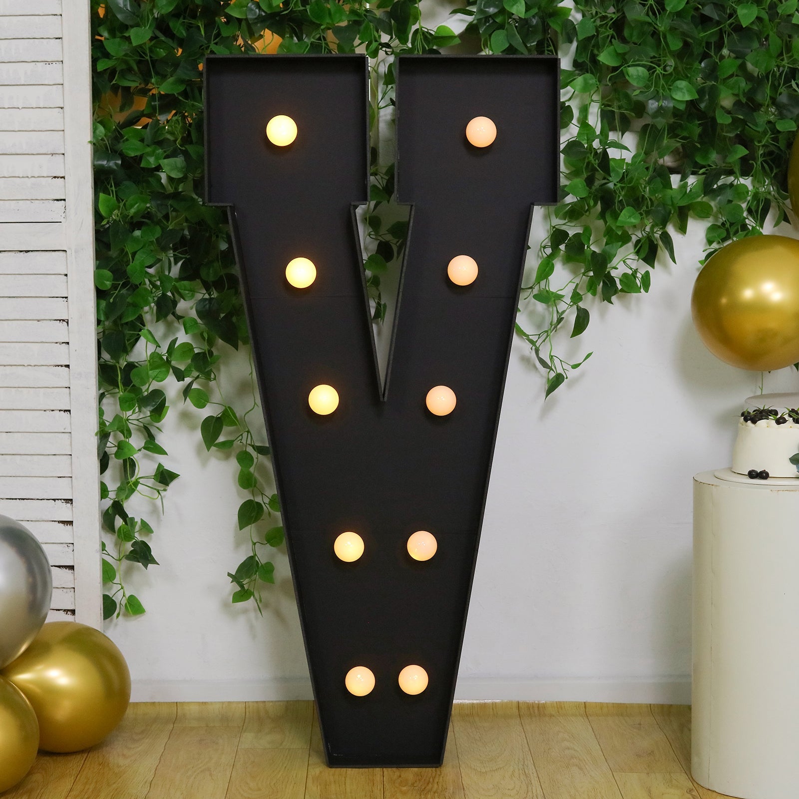 Giant LED Marquee Light Up Letter "V", Black 4ft Pre - Cut Foam Board with 10 Warm White Battery Operated LEDs, Glue Gun and Sticks - Bell Racket Store