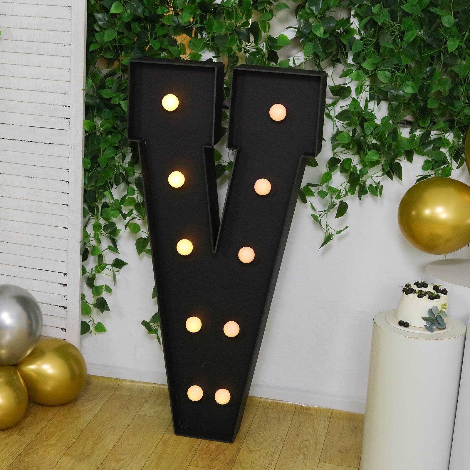 Giant LED Marquee Light Up Letter "V", Black 4ft Pre - Cut Foam Board with 10 Warm White Battery Operated LEDs, Glue Gun and Sticks - Bell Racket Store