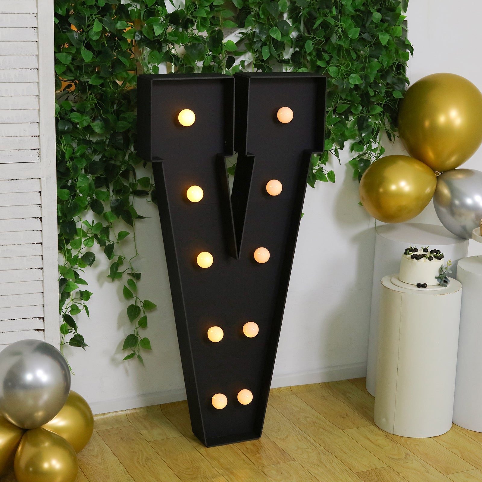 Giant LED Marquee Light Up Letter "V", Black 4ft Pre - Cut Foam Board with 10 Warm White Battery Operated LEDs, Glue Gun and Sticks - Bell Racket Store