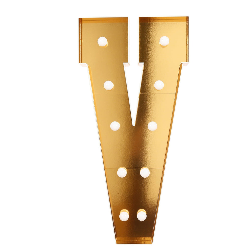 Giant LED Marquee Light Up Letter "V", Gold 4ft Pre - Cut Foam Board with 10 Warm White Battery Operated LEDs, Glue Gun and Sticks - Bell Racket Store
