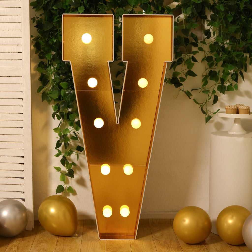 Giant LED Marquee Light Up Letter "V", Gold 4ft Pre - Cut Foam Board with 10 Warm White Battery Operated LEDs, Glue Gun and Sticks - Bell Racket Store