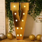 Giant LED Marquee Light Up Letter "V", Gold 4ft Pre - Cut Foam Board with 10 Warm White Battery Operated LEDs, Glue Gun and Sticks - Bell Racket Store