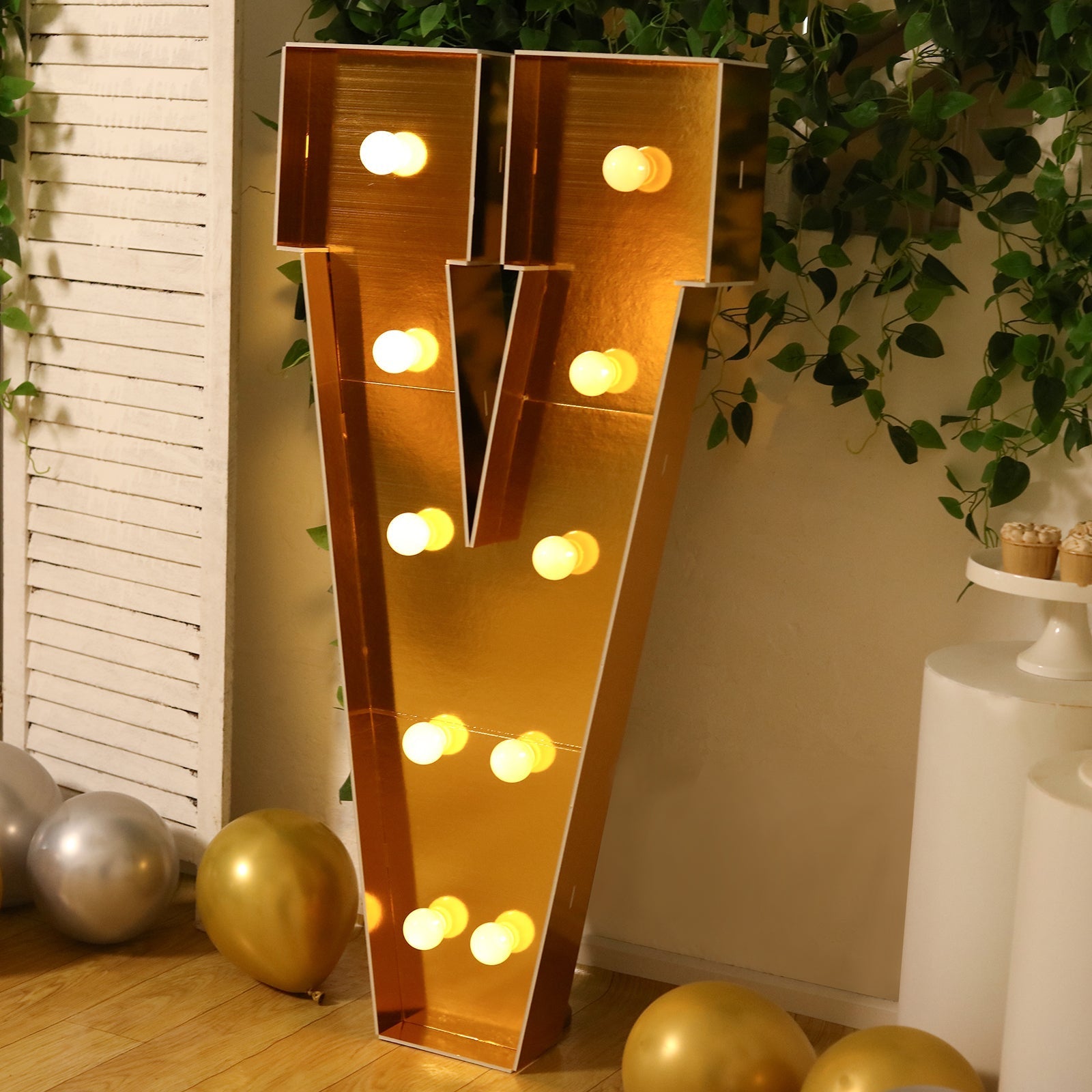 Giant LED Marquee Light Up Letter "V", Gold 4ft Pre - Cut Foam Board with 10 Warm White Battery Operated LEDs, Glue Gun and Sticks - Bell Racket Store