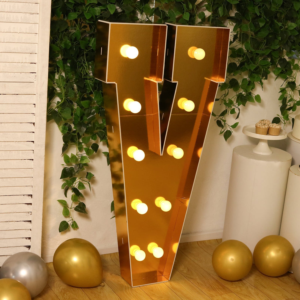 Giant LED Marquee Light Up Letter "V", Gold 4ft Pre - Cut Foam Board with 10 Warm White Battery Operated LEDs, Glue Gun and Sticks - Bell Racket Store