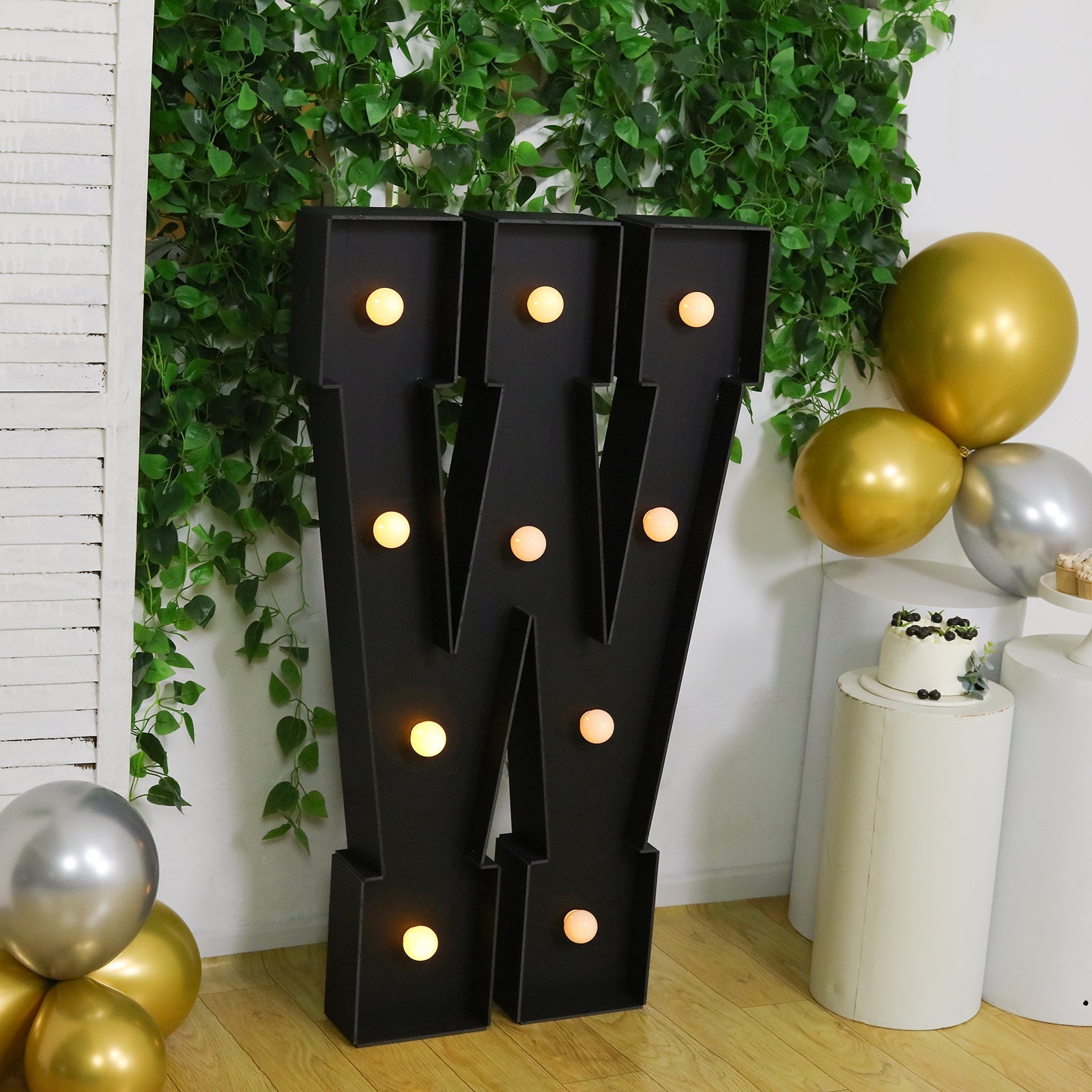 Giant LED Marquee Light Up Letter "W", Black 4ft Pre - Cut Foam Board with 10 Warm White Battery Operated LEDs, Glue Gun and Sticks - Bell Racket Store