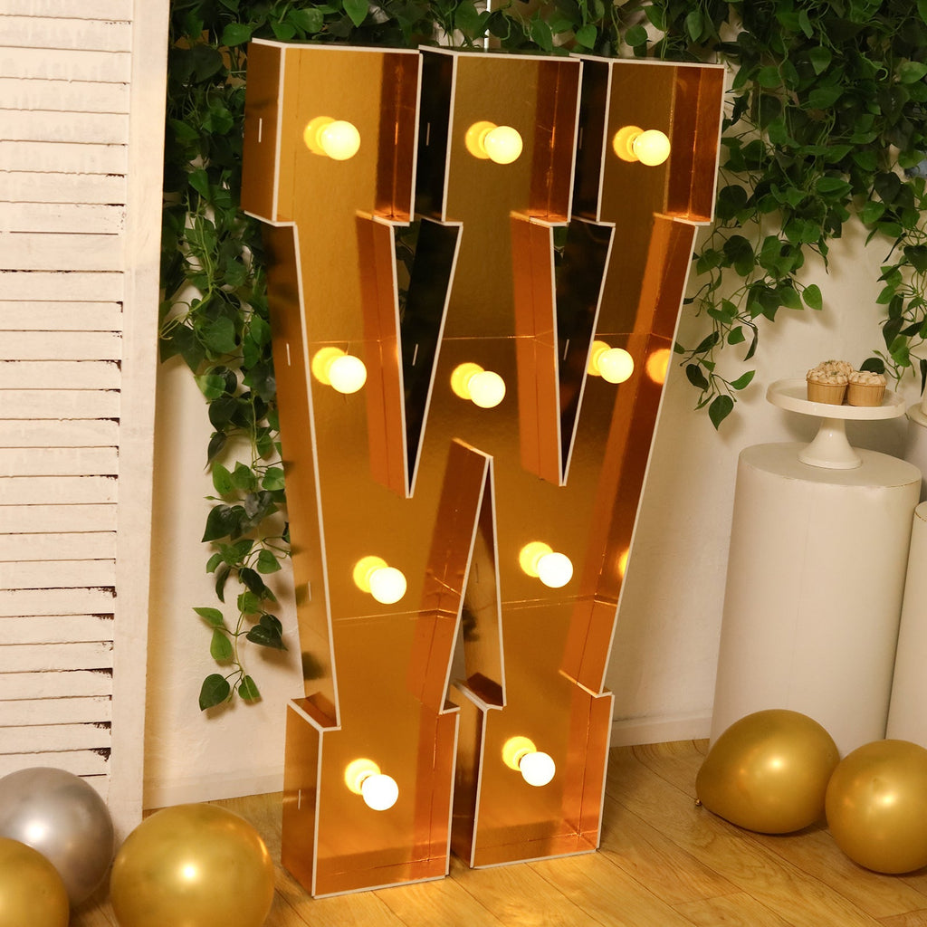 Giant LED Marquee Light Up Letter "W", Gold 4ft Pre - Cut Foam Board with 10 Warm White Battery Operated LEDs, Glue Gun and Sticks - Bell Racket Store