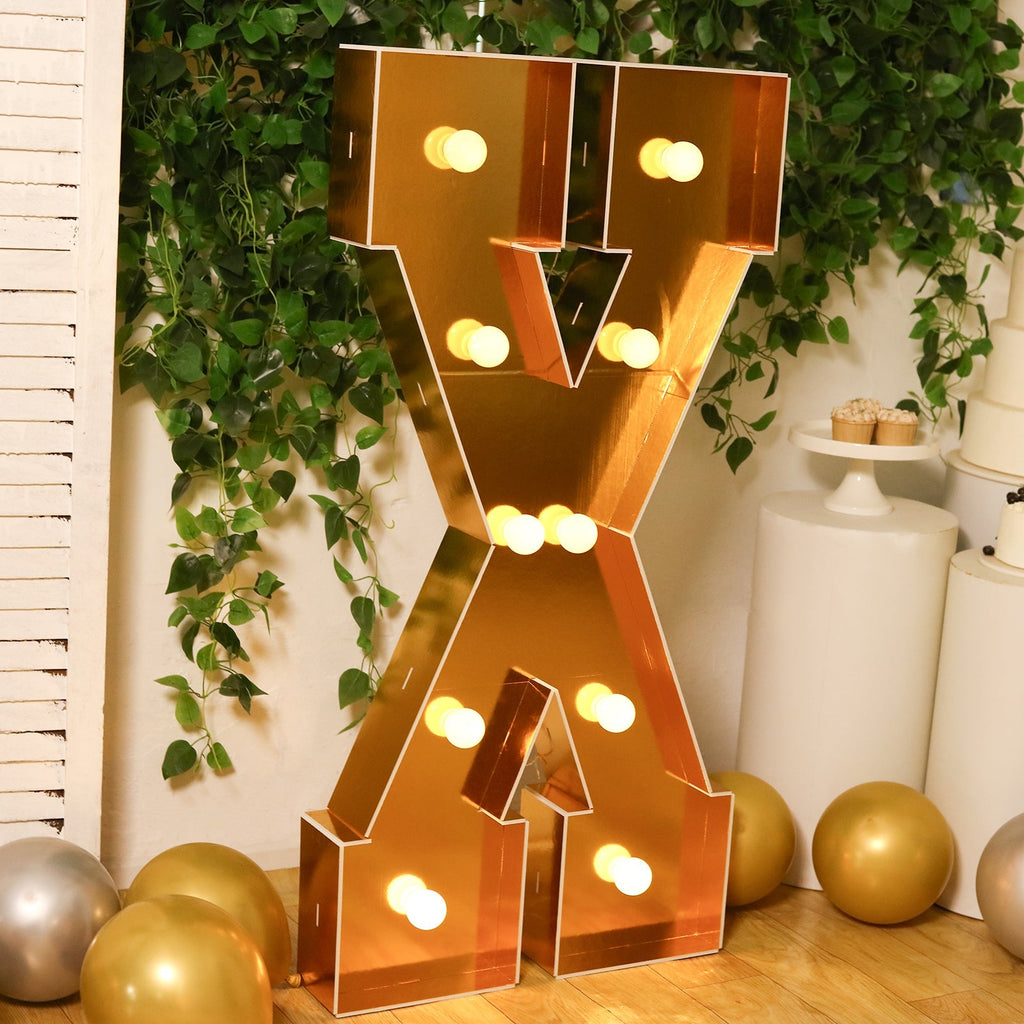 Giant LED Marquee Light Up Letter "X", Gold 4ft Pre - Cut Foam Board with 10 Warm White Battery Operated LEDs, Glue Gun and Sticks - Bell Racket Store