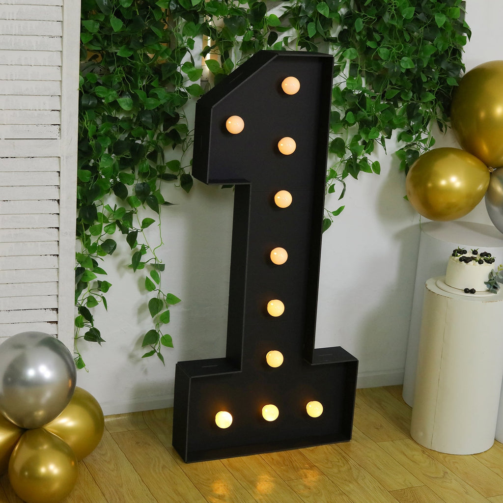 Giant LED Marquee Light Up Number "1", Black 4ft Pre - Cut Foam Board with 10 Warm White Battery Operated LEDs, Glue Gun and Sticks - Bell Racket Store