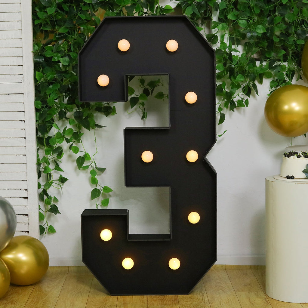 Giant LED Marquee Light Up Number "3", Black 4ft Pre - Cut Foam Board with 10 Warm White Battery Operated LEDs, Glue Gun and Sticks - Bell Racket Store