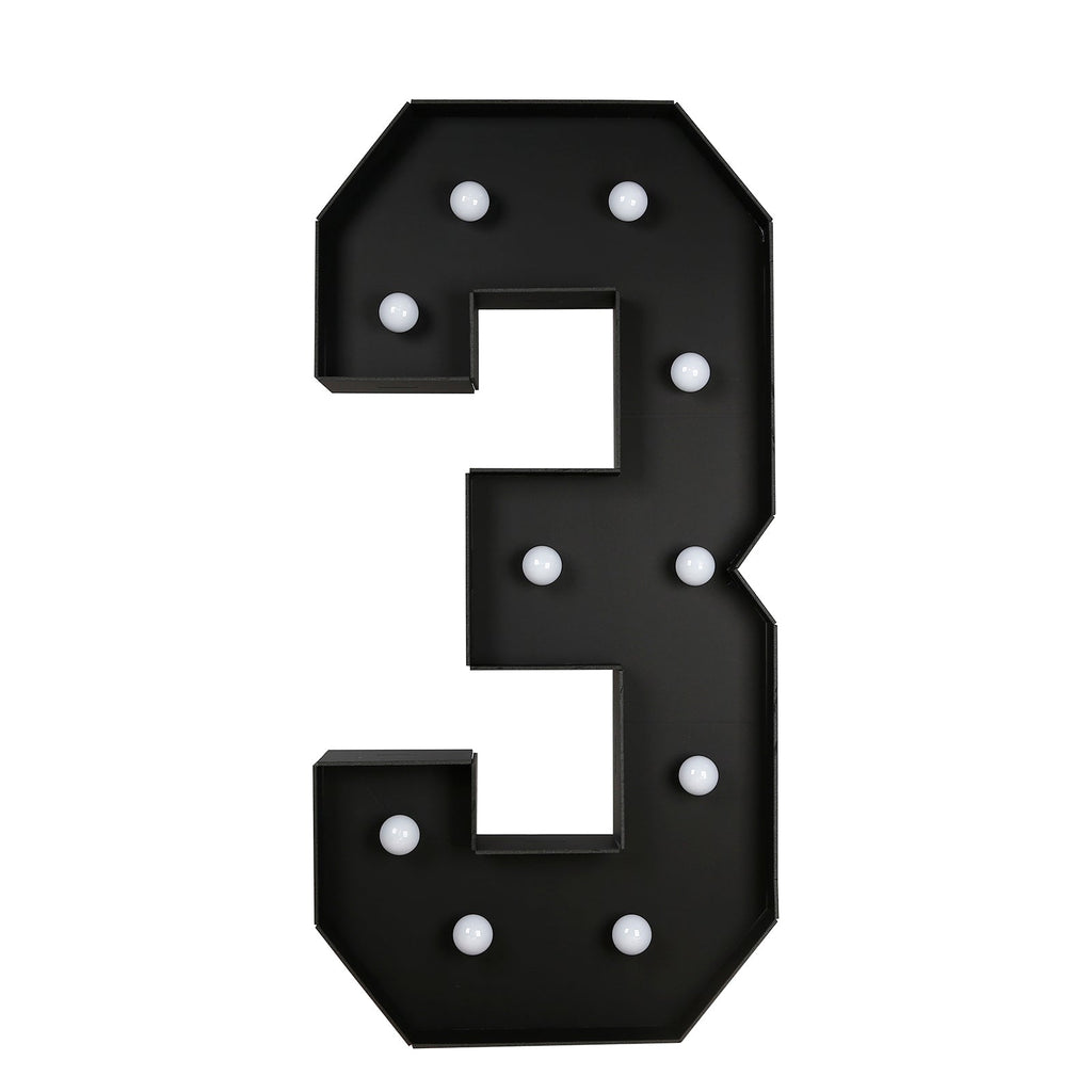 Giant LED Marquee Light Up Number "3", Black 4ft Pre - Cut Foam Board with 10 Warm White Battery Operated LEDs, Glue Gun and Sticks - Bell Racket Store