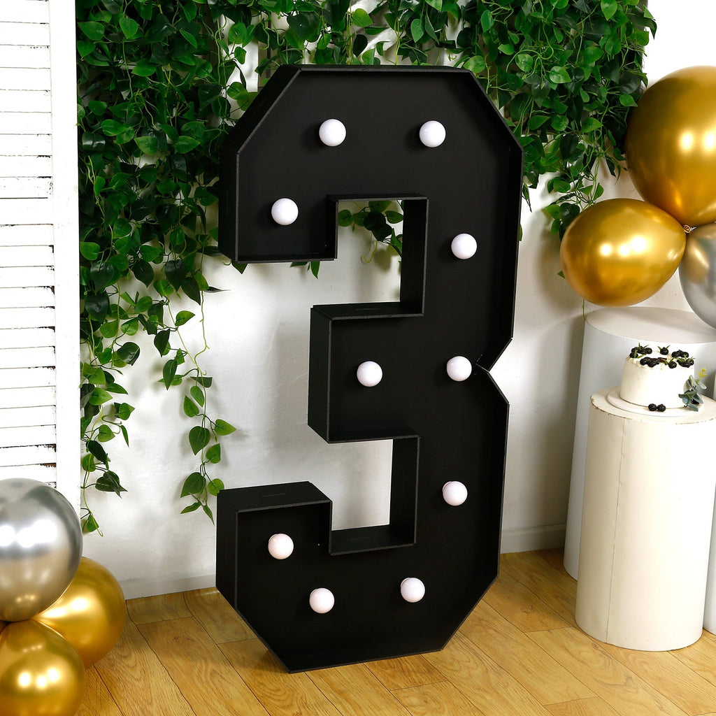 Giant LED Marquee Light Up Number "3", Black 4ft Pre - Cut Foam Board with 10 Warm White Battery Operated LEDs, Glue Gun and Sticks - Bell Racket Store