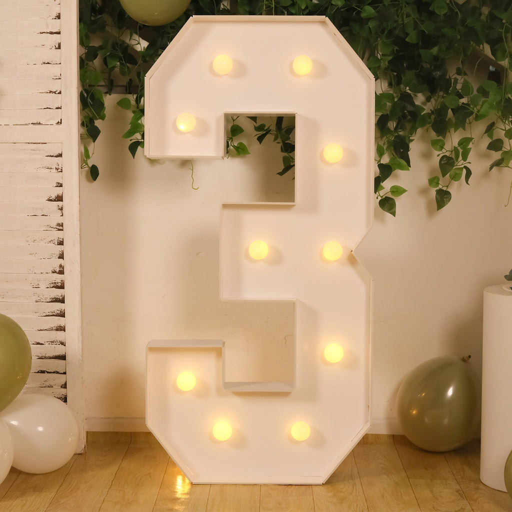 Giant LED Marquee Light Up Number "3", White 4ft Pre - Cut Foam Board with 10 Warm White Battery Operated LEDs, Glue Gun and Sticks - Bell Racket Store