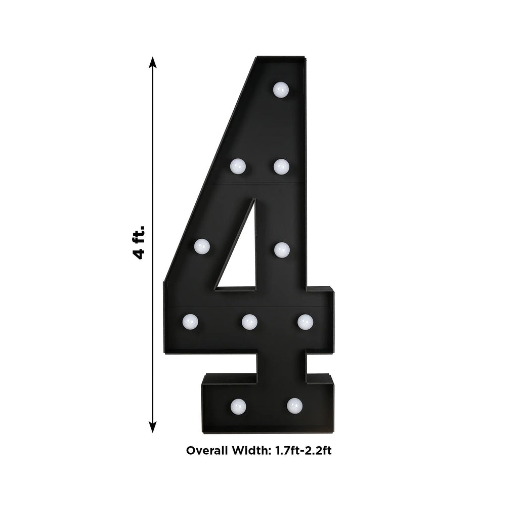 Giant LED Marquee Light Up Number "4", Black 4ft Pre - Cut Foam Board with 10 Warm White Battery Operated LEDs, Glue Gun and Sticks - Bell Racket Store