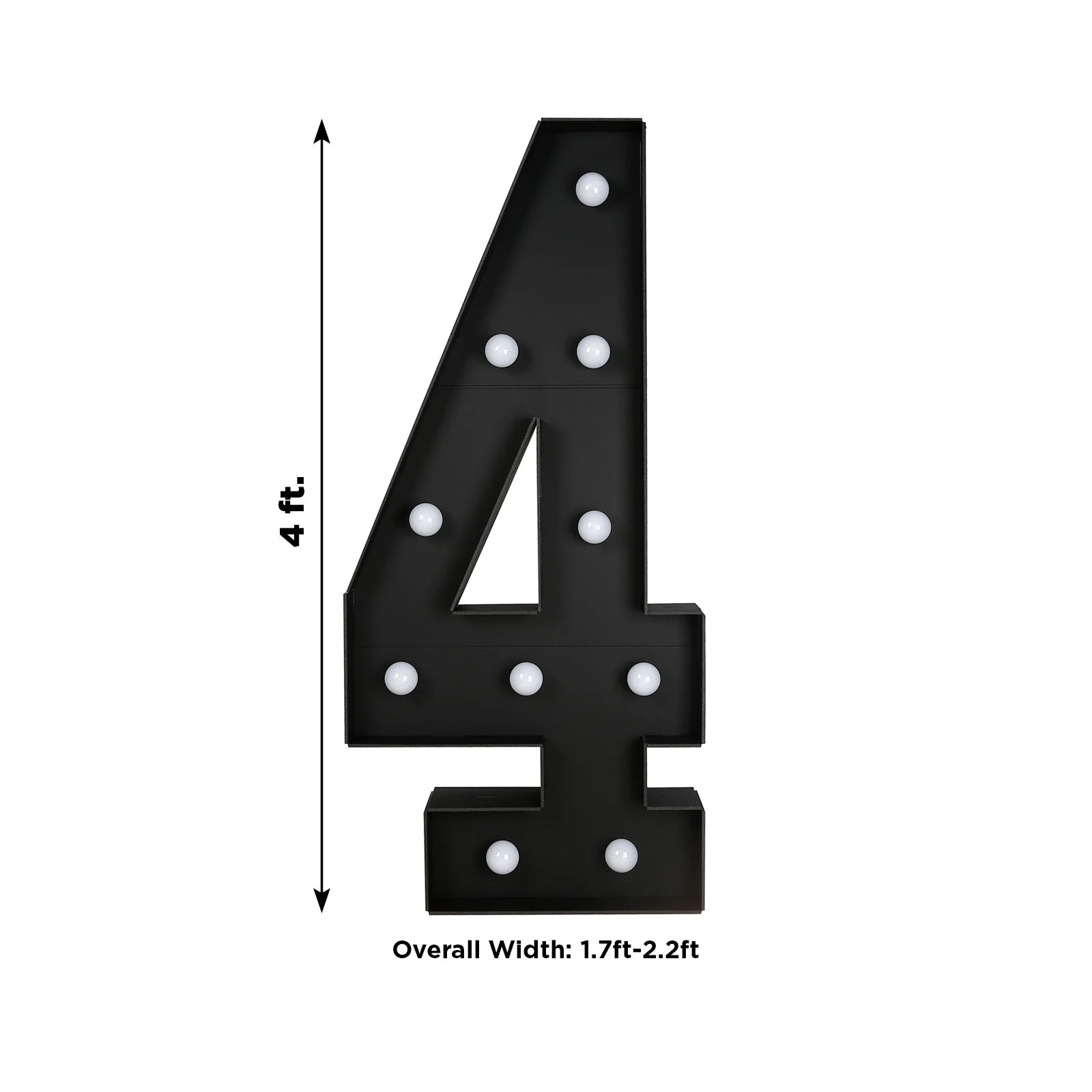 Giant LED Marquee Light Up Number "4", Black 4ft Pre - Cut Foam Board with 10 Warm White Battery Operated LEDs, Glue Gun and Sticks - Bell Racket Store