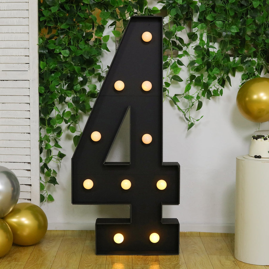Giant LED Marquee Light Up Number "4", Black 4ft Pre - Cut Foam Board with 10 Warm White Battery Operated LEDs, Glue Gun and Sticks - Bell Racket Store