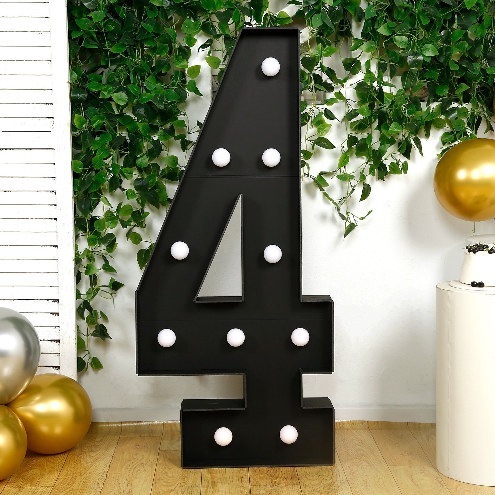 Giant LED Marquee Light Up Number "4", Black 4ft Pre - Cut Foam Board with 10 Warm White Battery Operated LEDs, Glue Gun and Sticks - Bell Racket Store