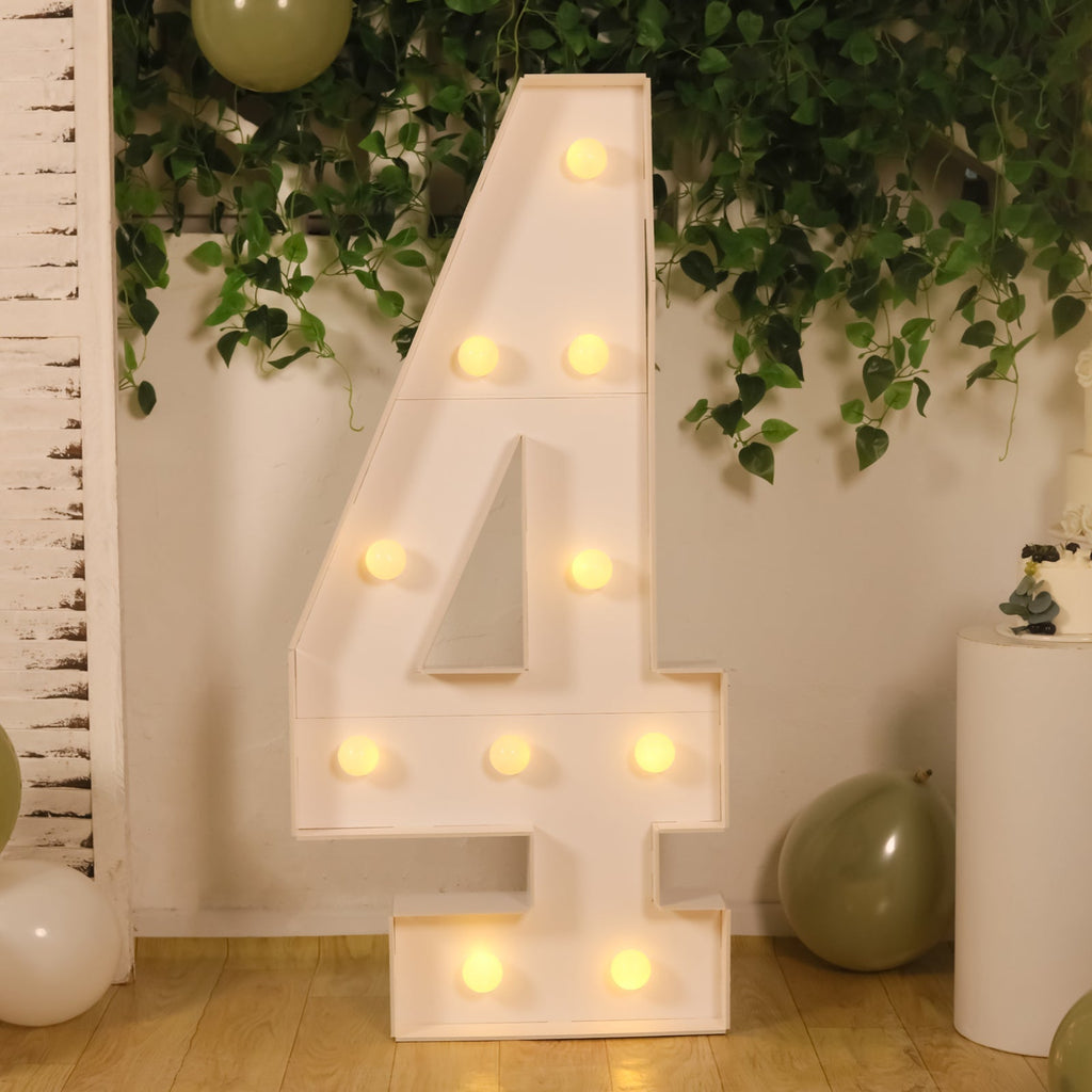 Giant LED Marquee Light Up Number "4", White 4ft Pre - Cut Foam Board with 10 Warm White Battery Operated LEDs, Glue Gun and Sticks - Bell Racket Store