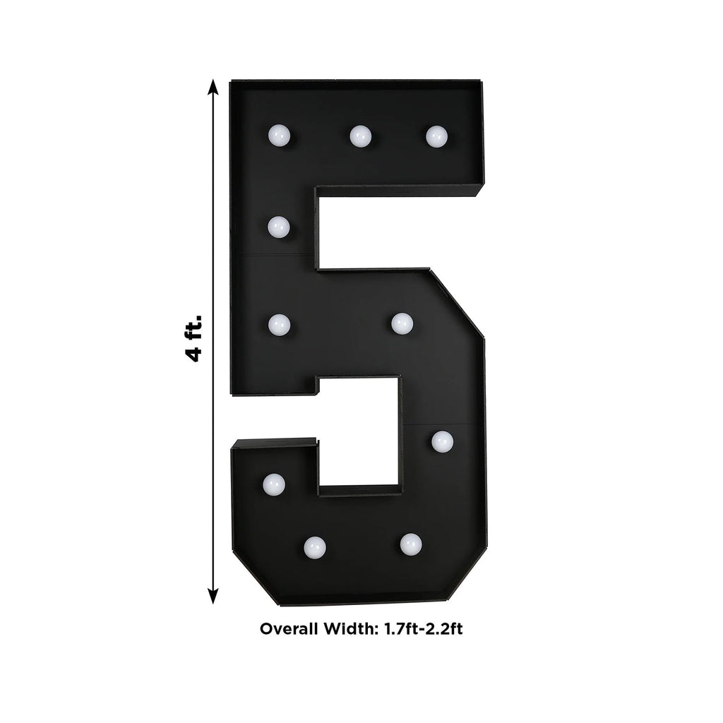 Giant LED Marquee Light Up Number "5", Black 4ft Pre - Cut Foam Board with 10 Warm White Battery Operated LEDs, Glue Gun and Sticks - Bell Racket Store