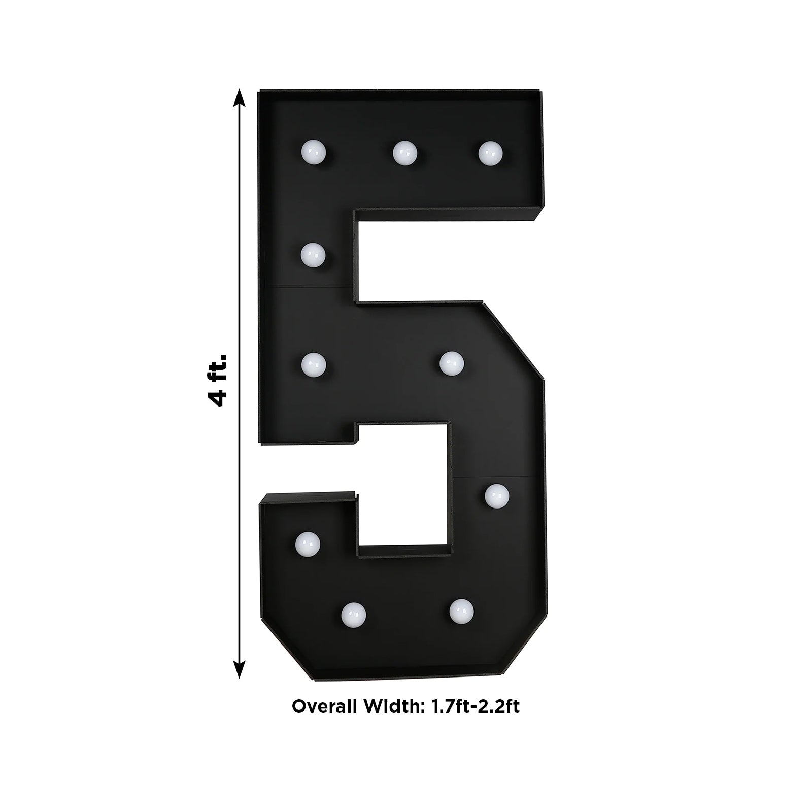 Giant LED Marquee Light Up Number "5", Black 4ft Pre - Cut Foam Board with 10 Warm White Battery Operated LEDs, Glue Gun and Sticks - Bell Racket Store