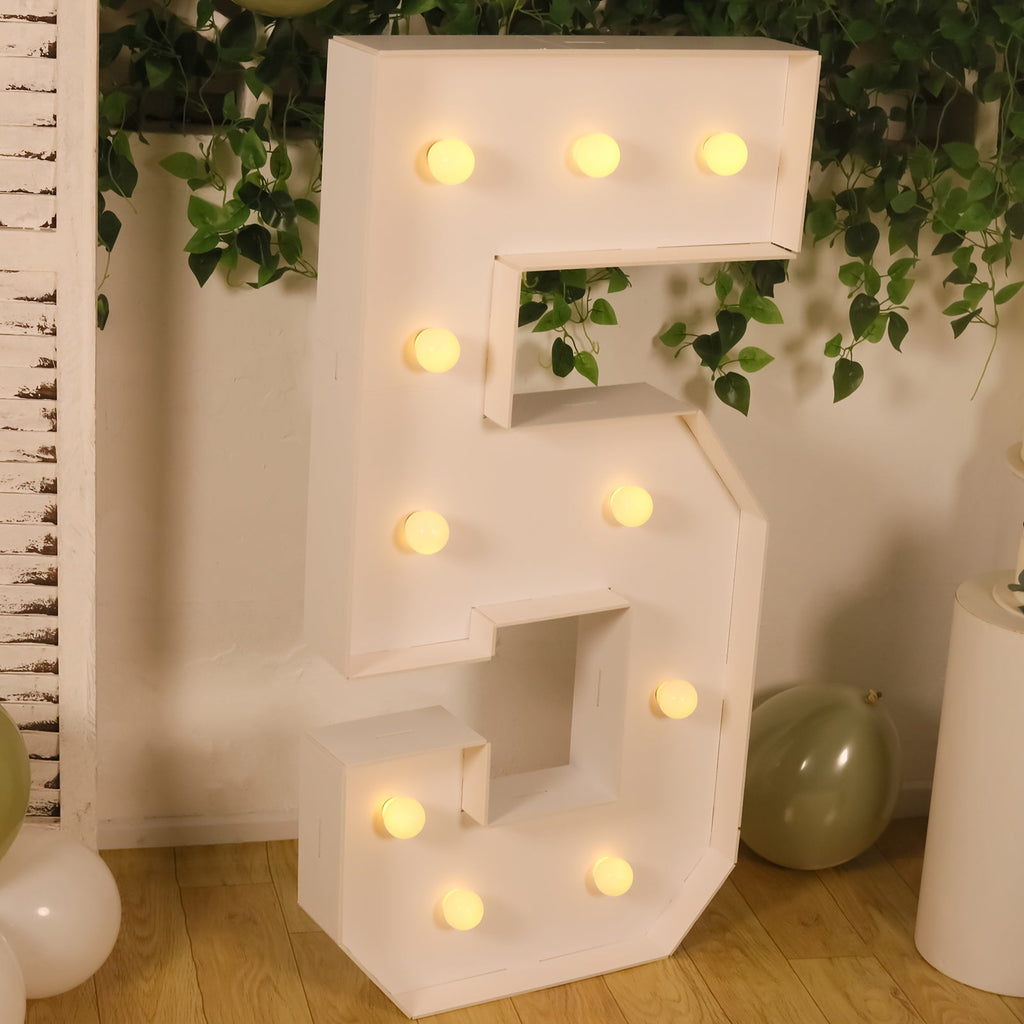 Giant LED Marquee Light Up Number "5", White 4ft Pre - Cut Foam Board with 10 Warm White Battery Operated LEDs, Glue Gun and Sticks - Bell Racket Store