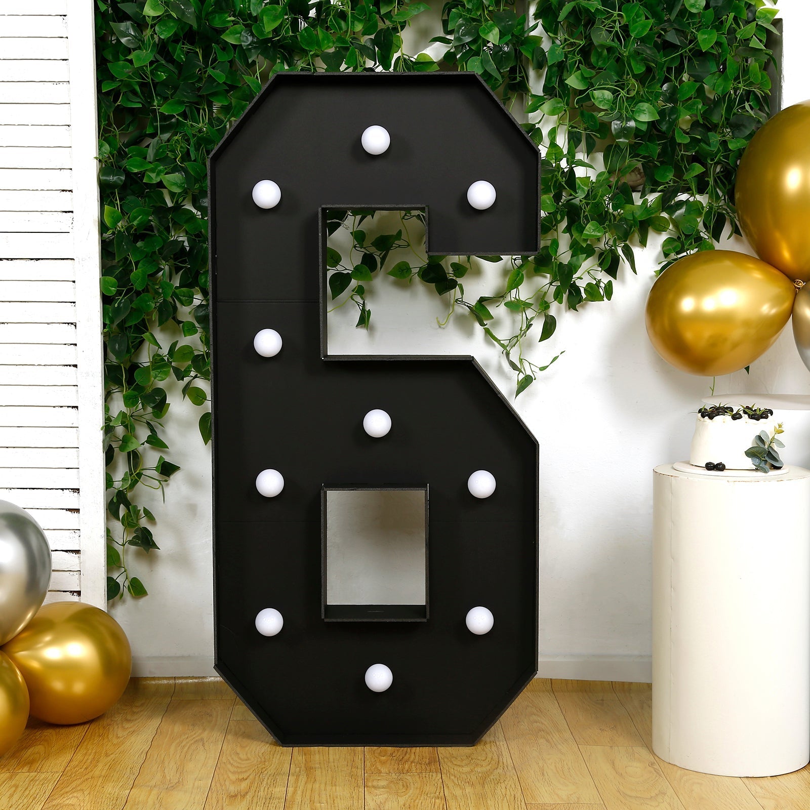 Giant LED Marquee Light Up Number "6", Black 4ft Pre - Cut Foam Board with 10 Warm White Battery Operated LEDs, Glue Gun and Sticks - Bell Racket Store