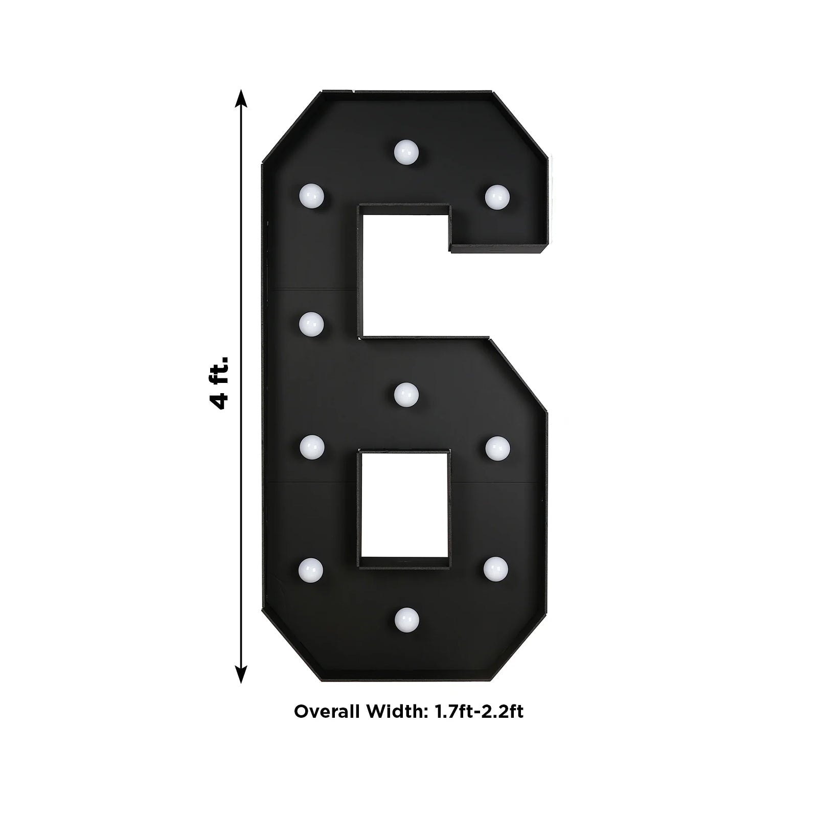 Giant LED Marquee Light Up Number "6", Black 4ft Pre - Cut Foam Board with 10 Warm White Battery Operated LEDs, Glue Gun and Sticks - Bell Racket Store