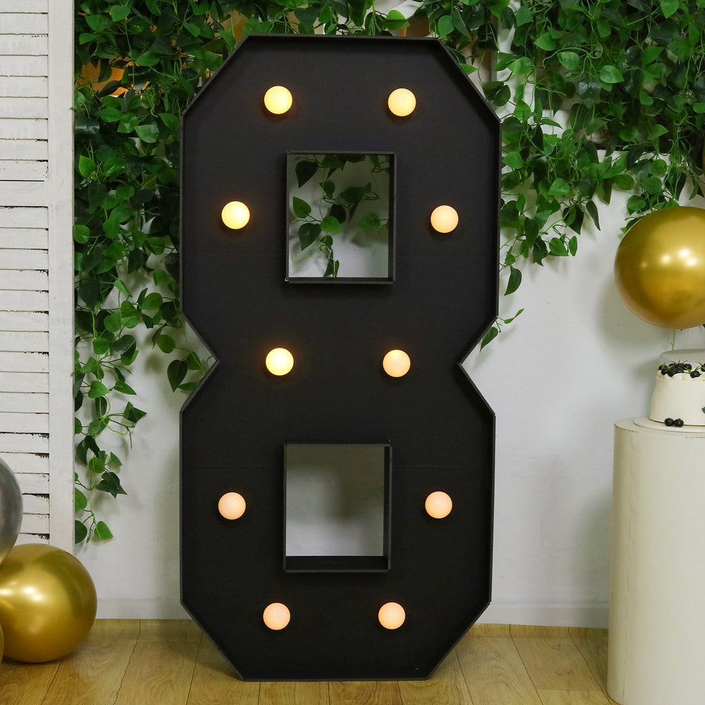Giant LED Marquee Light Up Number "8", Black 4ft Pre - Cut Foam Board with 10 Warm White Battery Operated LEDs, Glue Gun and Sticks - Bell Racket Store