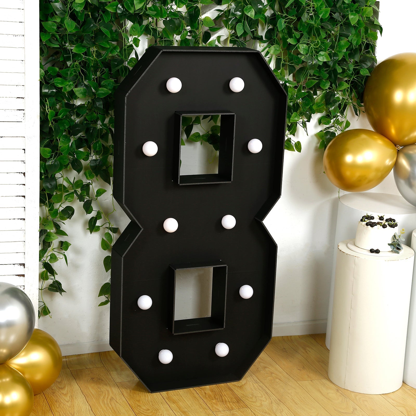 Giant LED Marquee Light Up Number "8", Black 4ft Pre - Cut Foam Board with 10 Warm White Battery Operated LEDs, Glue Gun and Sticks - Bell Racket Store