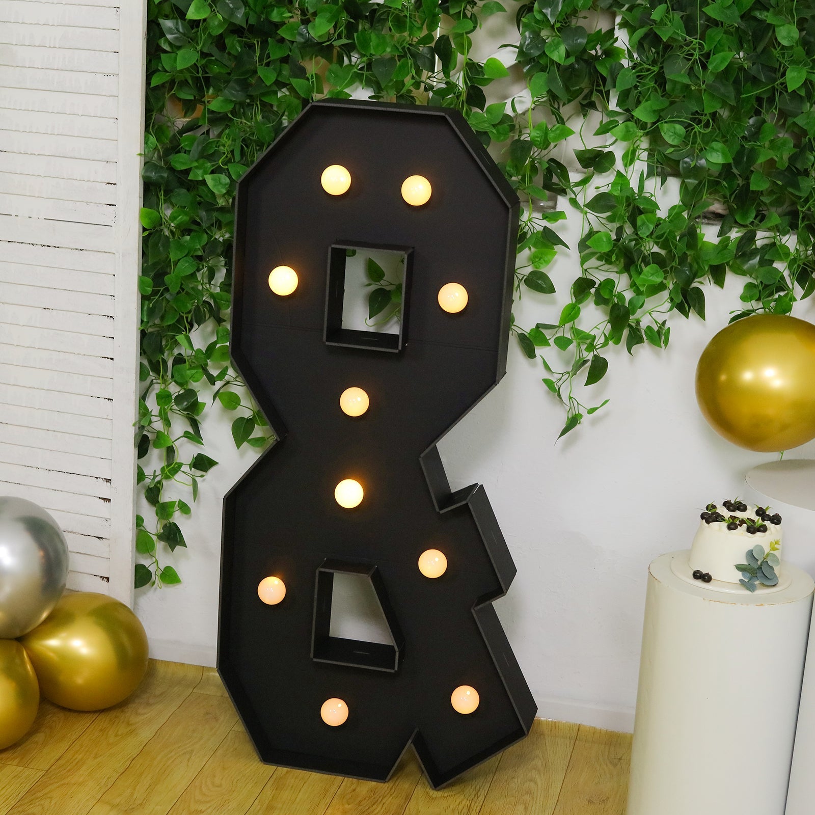 Giant LED Marquee Light Up Symbol "&", Black 4ft Pre - Cut Foam Board with 10 Warm White Battery Operated LEDs, Glue Gun and Sticks - Bell Racket Store
