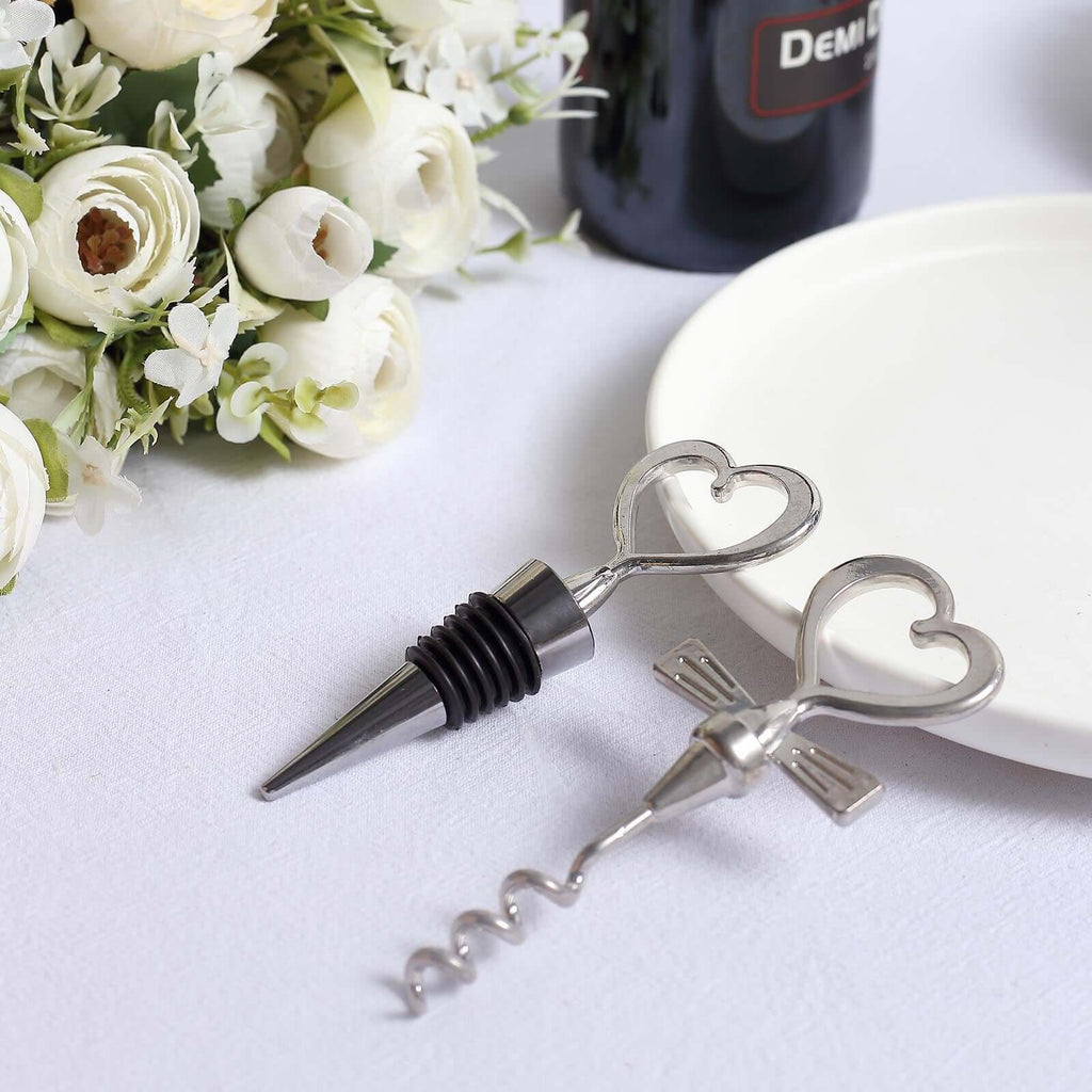 Silver Metal Heart Wine Bottle Opener Cork Stopper Party Favors Souvenir Gift Set, Wedding Favor in Velvet Box - 4.5",5"