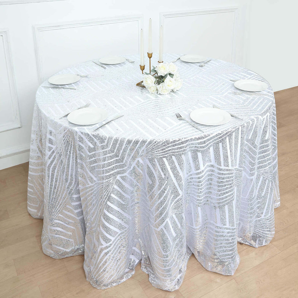Sequin 120" Round Tablecloth Silver - Seamless Diamond Glitz Table Cover