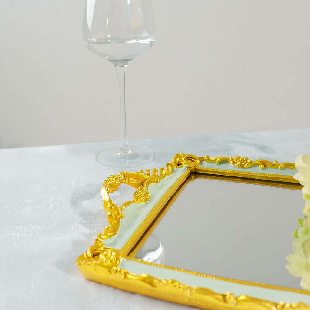 Resin Mirrored Rectangle Serving Tray 15"x10" in Mint Green with Gold Baroque Design, Stylish Decorative Vanity Tray Centerpiece