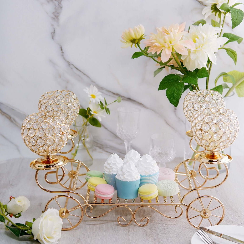 Candle Holder 4-Arm Gold Metal Crystal Cinderella Carriage Wedding Centerpiece - Decorative Display 18"