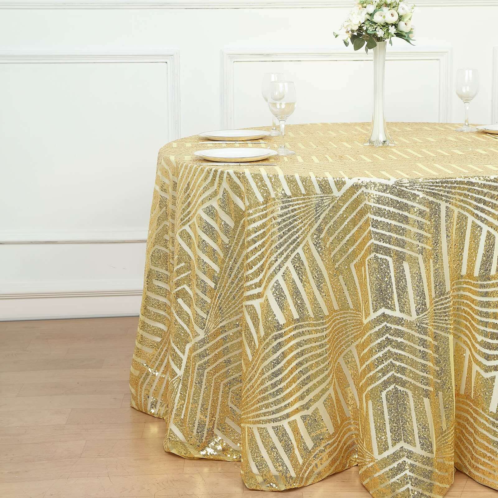 Sequin 120" Round Tablecloth Gold - Seamless Diamond Glitz Design for Glamorous Gatherings