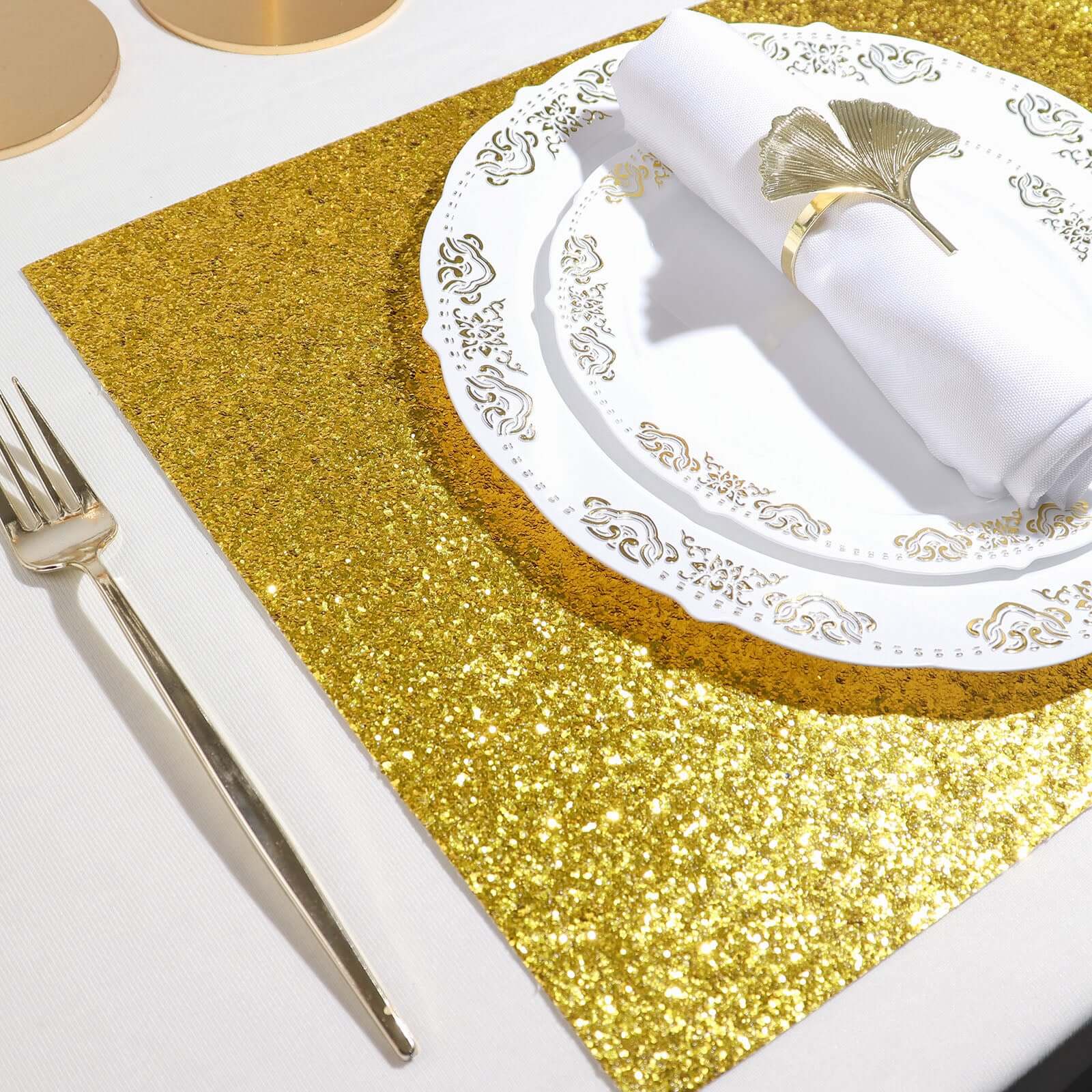6-Pack Placemats Glitter Design Gold Sparkle Rectangle - Non-Slip Decorative Dining Table Mats 12"x18"