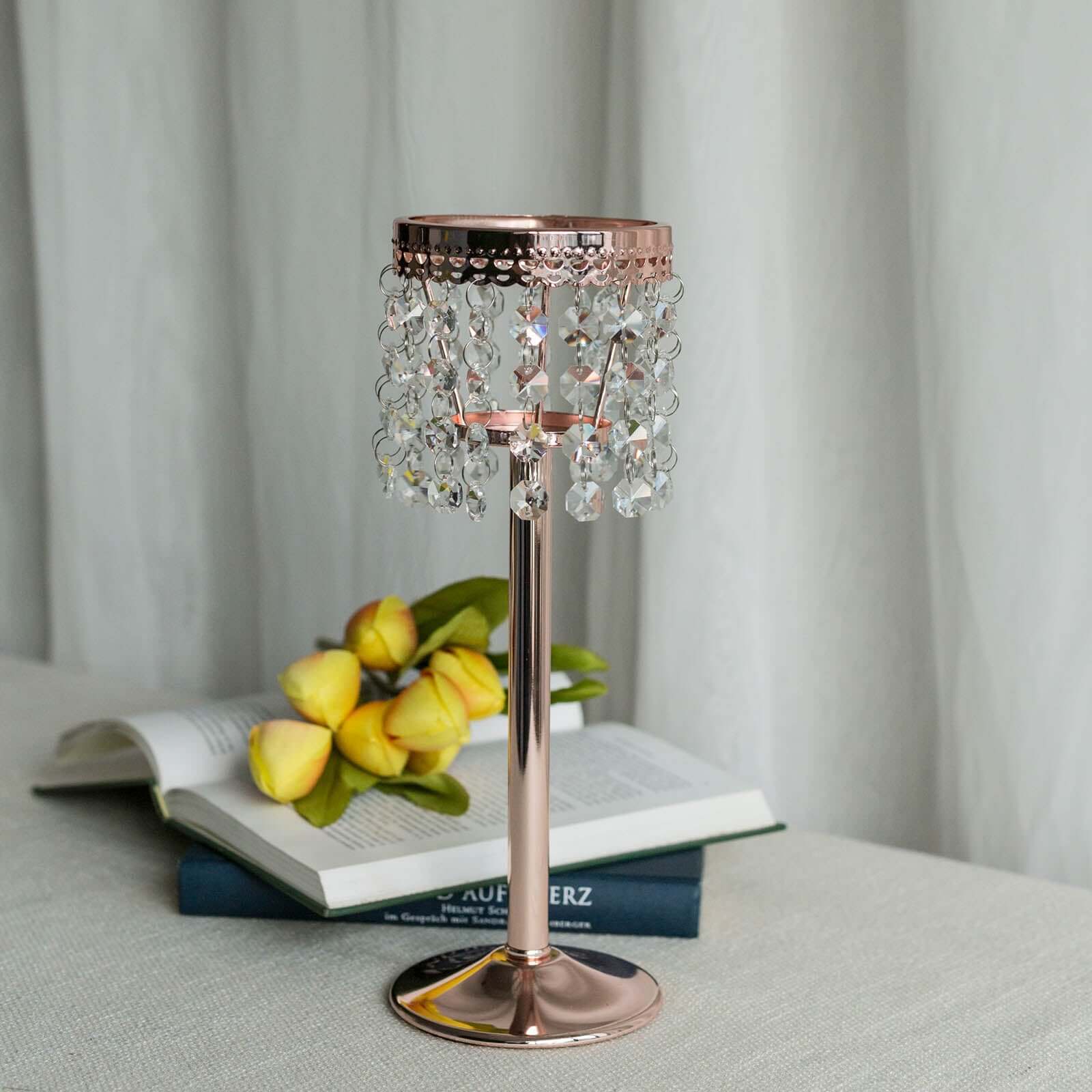Crystal Beaded Chandelier Metal Candle Holder Rose Gold - Sophisticated Pillar Tealight Stand 12"