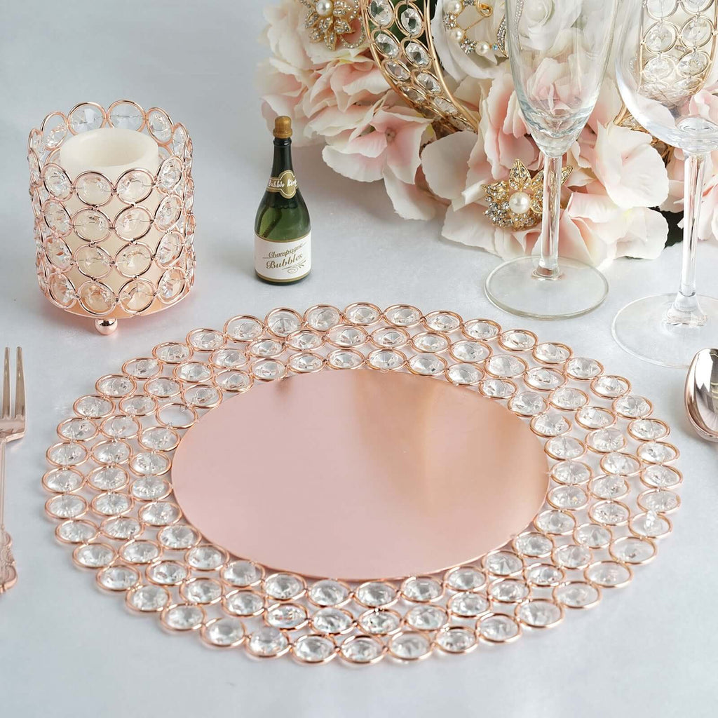 Wired Metal Round Charger Plate 14" in Rose Gold with Acrylic Crystal Beads, Glamorous Decorative Dinner Charger Tableware