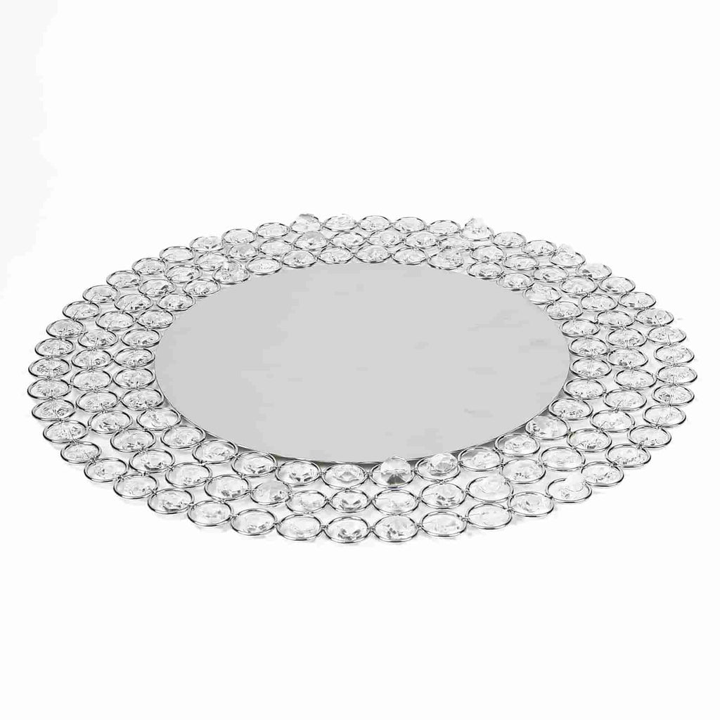 Wired Metal Round Charger Plate 14" in SIlver with Acrylic Crystal Beads, Glamorous Decorative Dinner Charger Tableware
